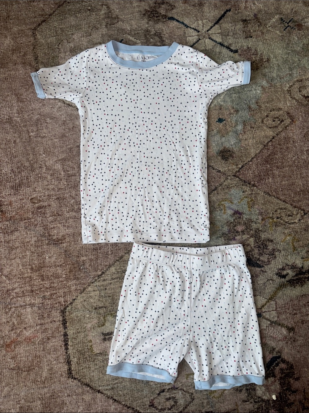 Lake Kids White Polka Dot Patriotic Pajama Set Light Blue Trim 100% Pima Cotton